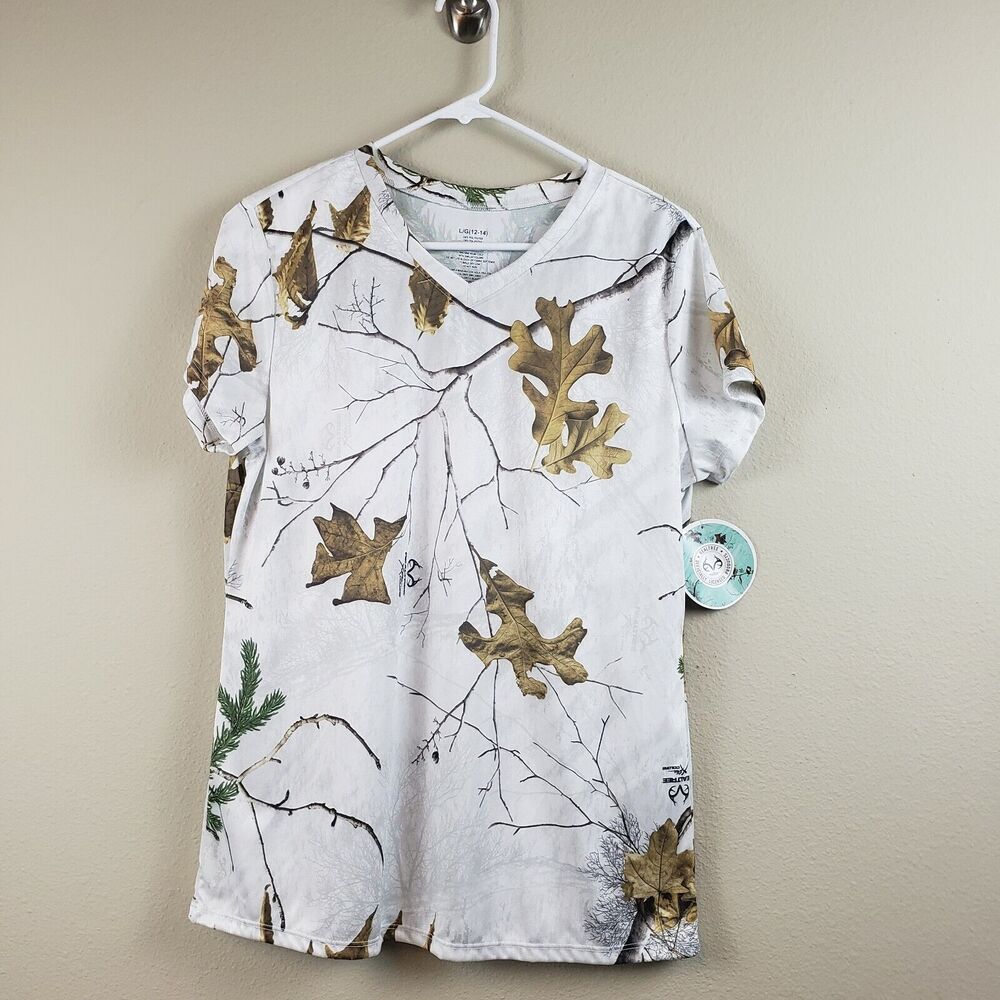 Real Tree womens White Camo Polyester V Neck Short Sleeve Hunting Top Size Large